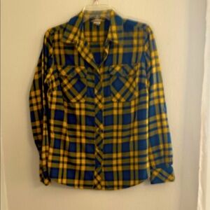 Duluth Trading Co Blue and  Mustard Plaid Shirt -Small
